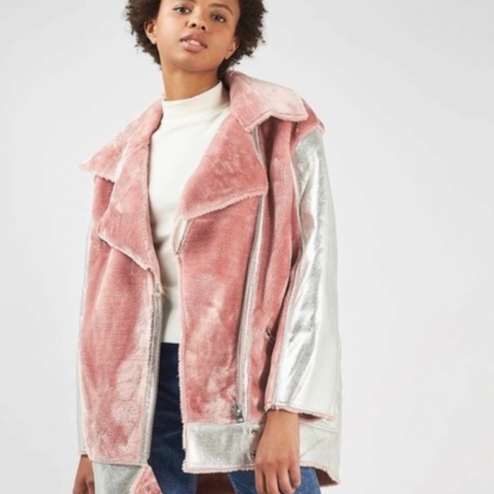 Topshop Moto Jacket Pink Metallic Silver Faux Fur Coat Cozy Soft Biker Punk Rock